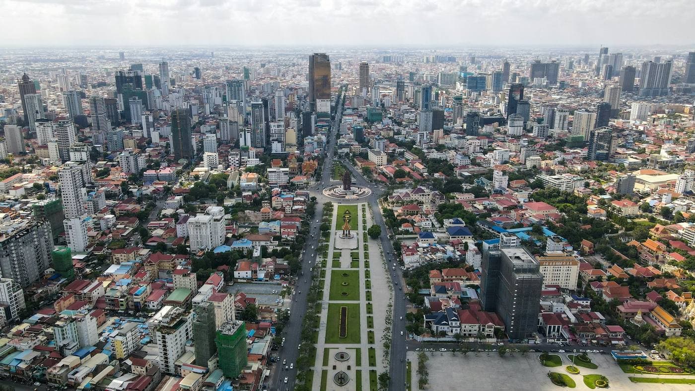 Central Phnom Penh from above, the boulevard running to the river