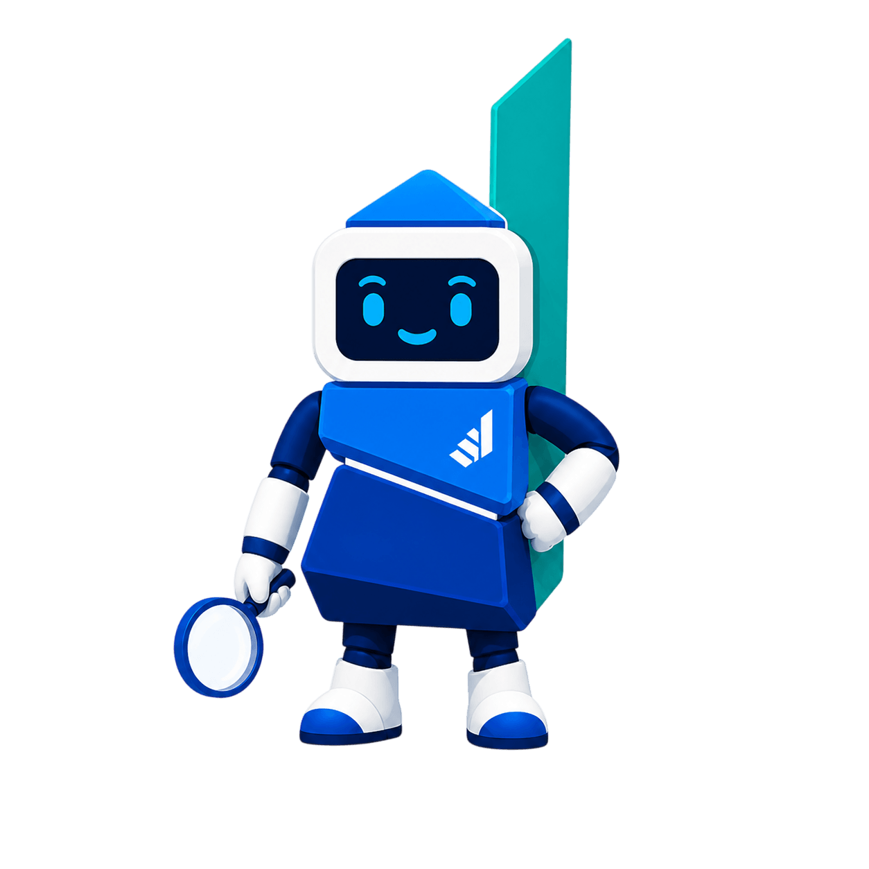 Mascot standing, magnifier at side
