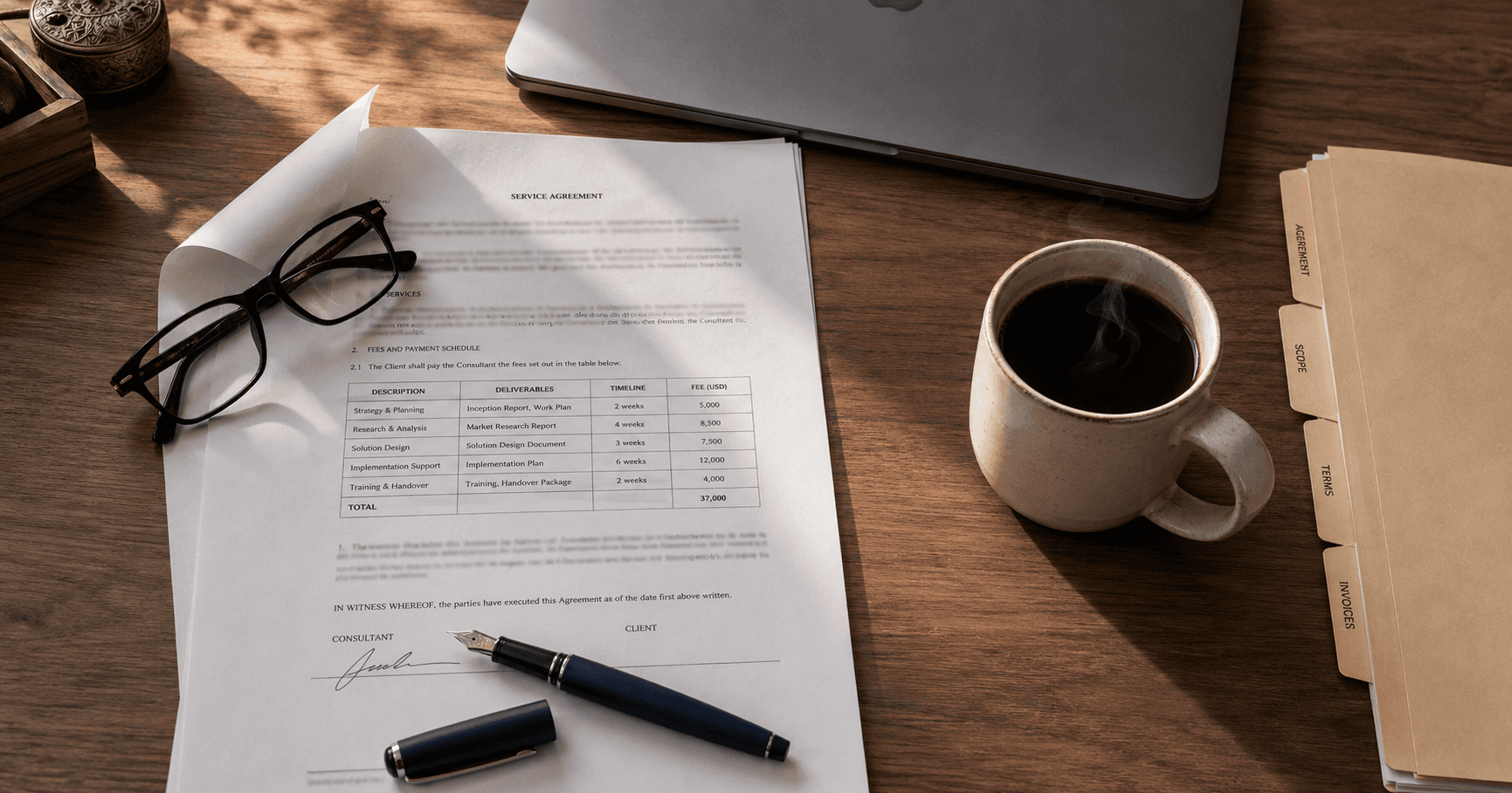 Overhead view of an unsigned ERP contract on a Cambodian office desk — pen uncapped, reading glasses set down.