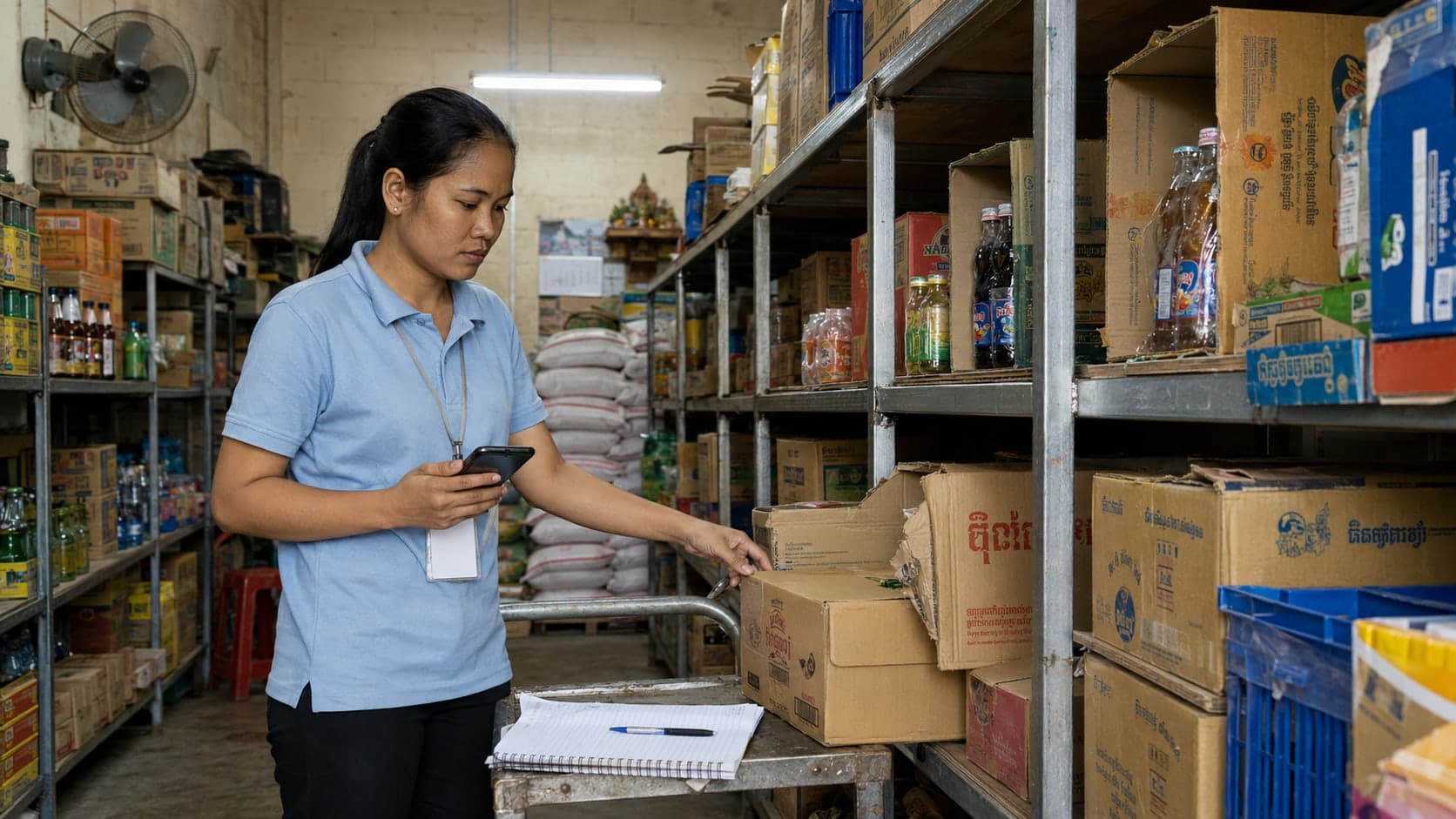 A stock-taker counting cartons on steel shelving in a small Phnom Penh stockroom, a paper notebook open on the trolley beside her.