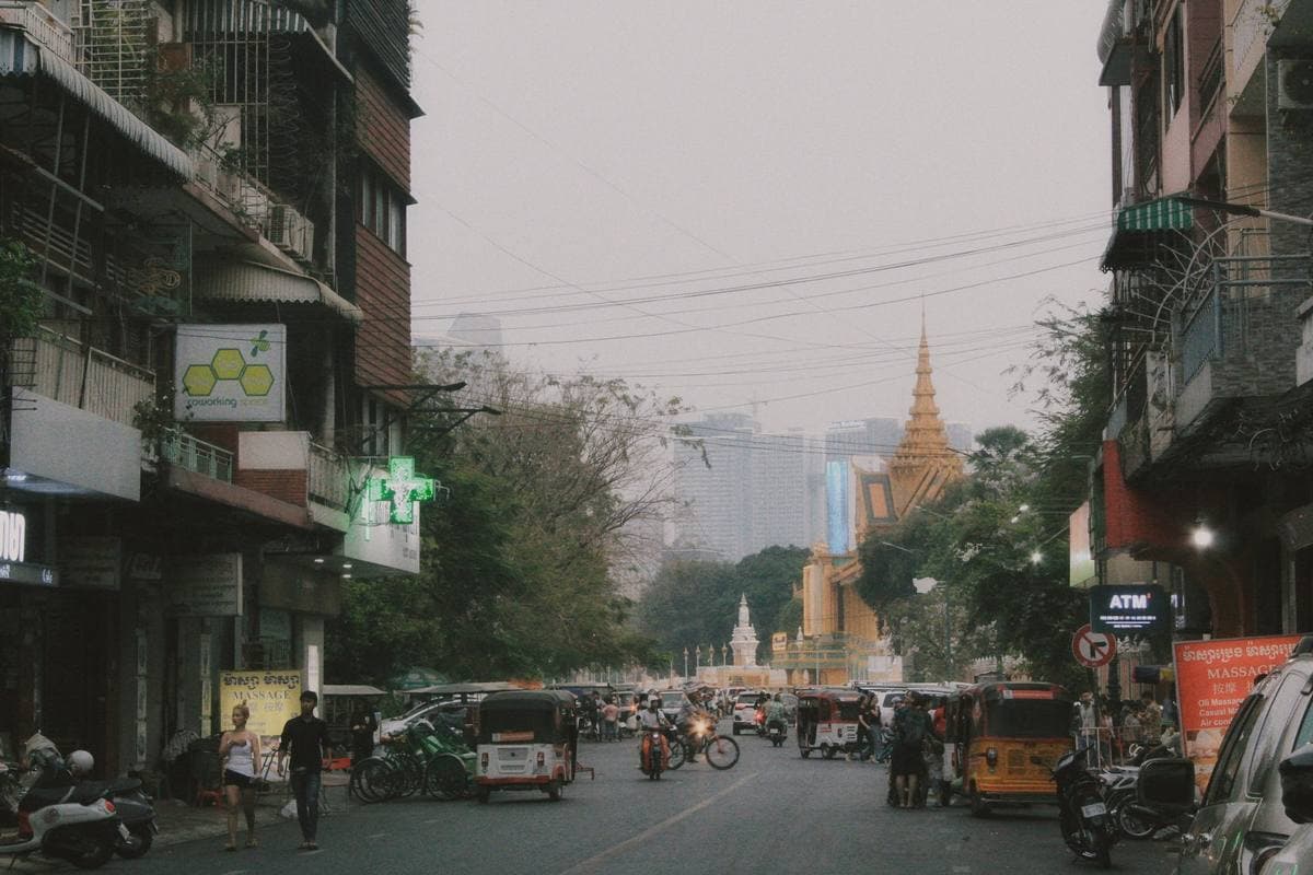 A Phnom Penh street with a temple spire at its end