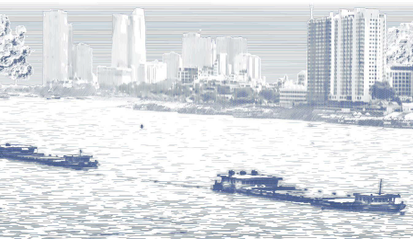 Engraving of cargo barges on the Tonle Sap in front of the Phnom Penh riverfront